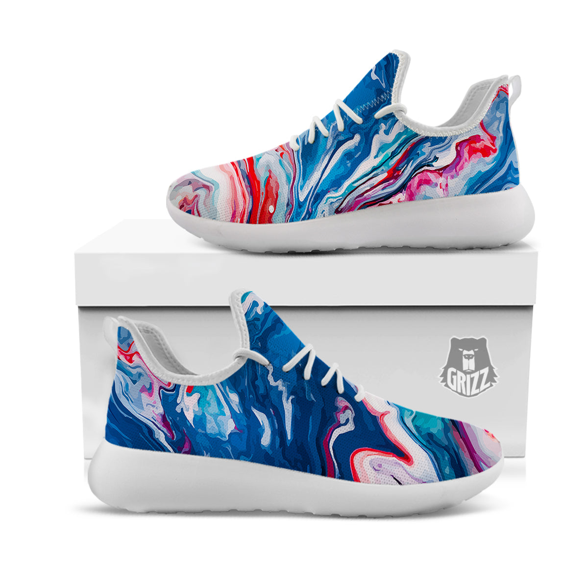 Marble Cartoon Texture Red Blue Print White Athletic Shoes-grizzshop