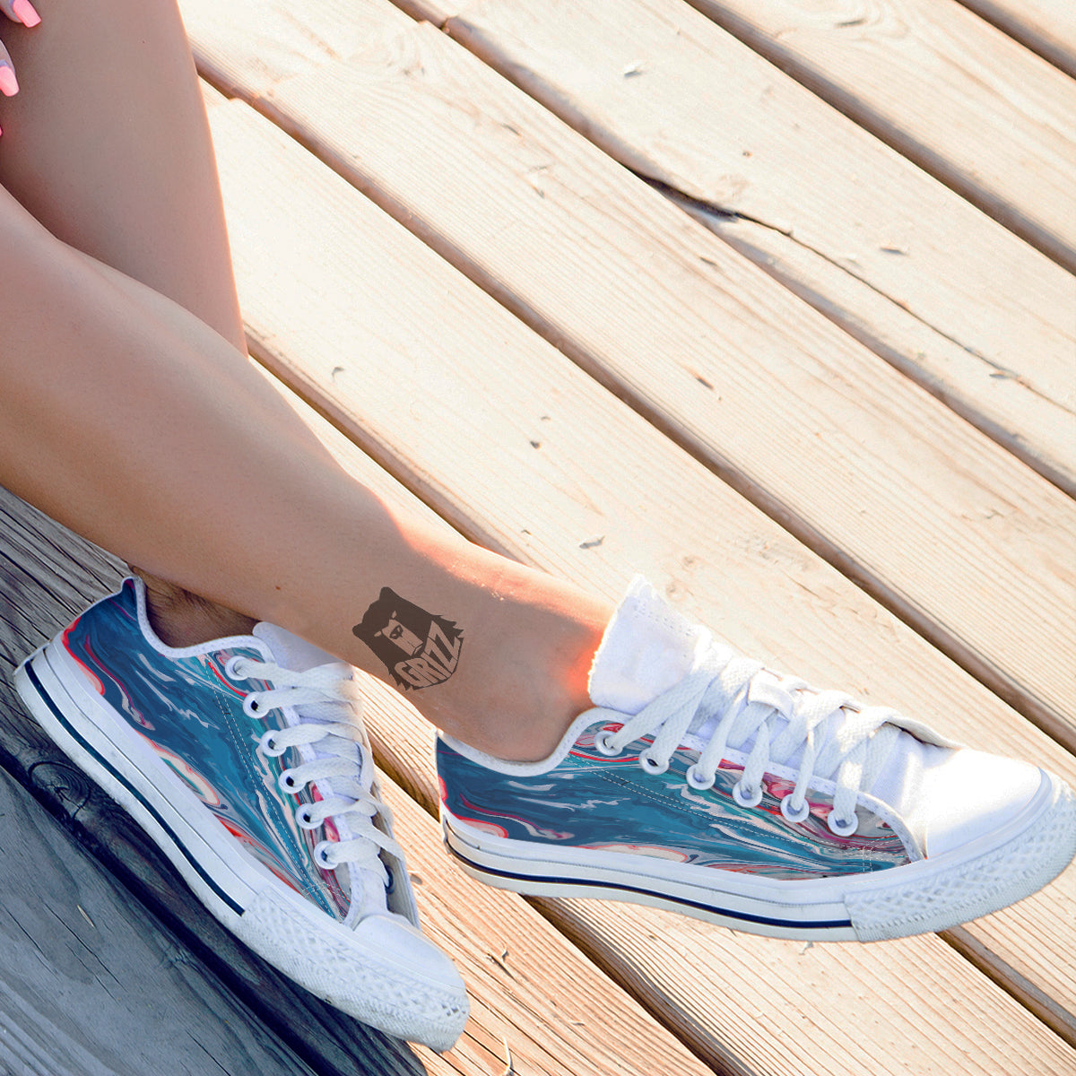 Marble Cartoon Texture Red Blue Print White Low Top Shoes-grizzshop