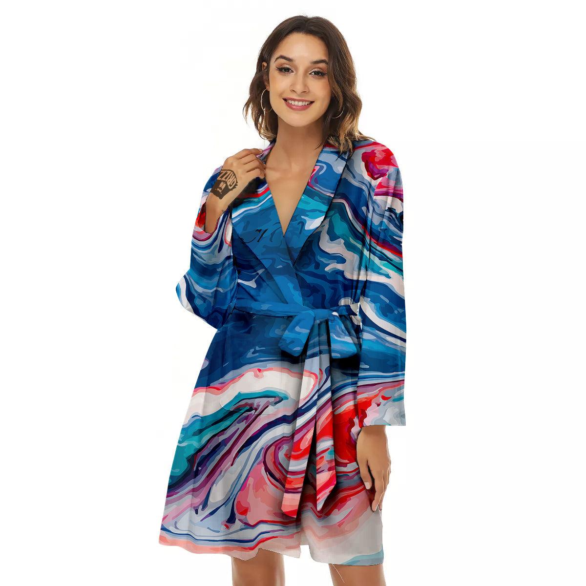 Marble Cartoon Texture Red Blue Print Women's Robe-grizzshop