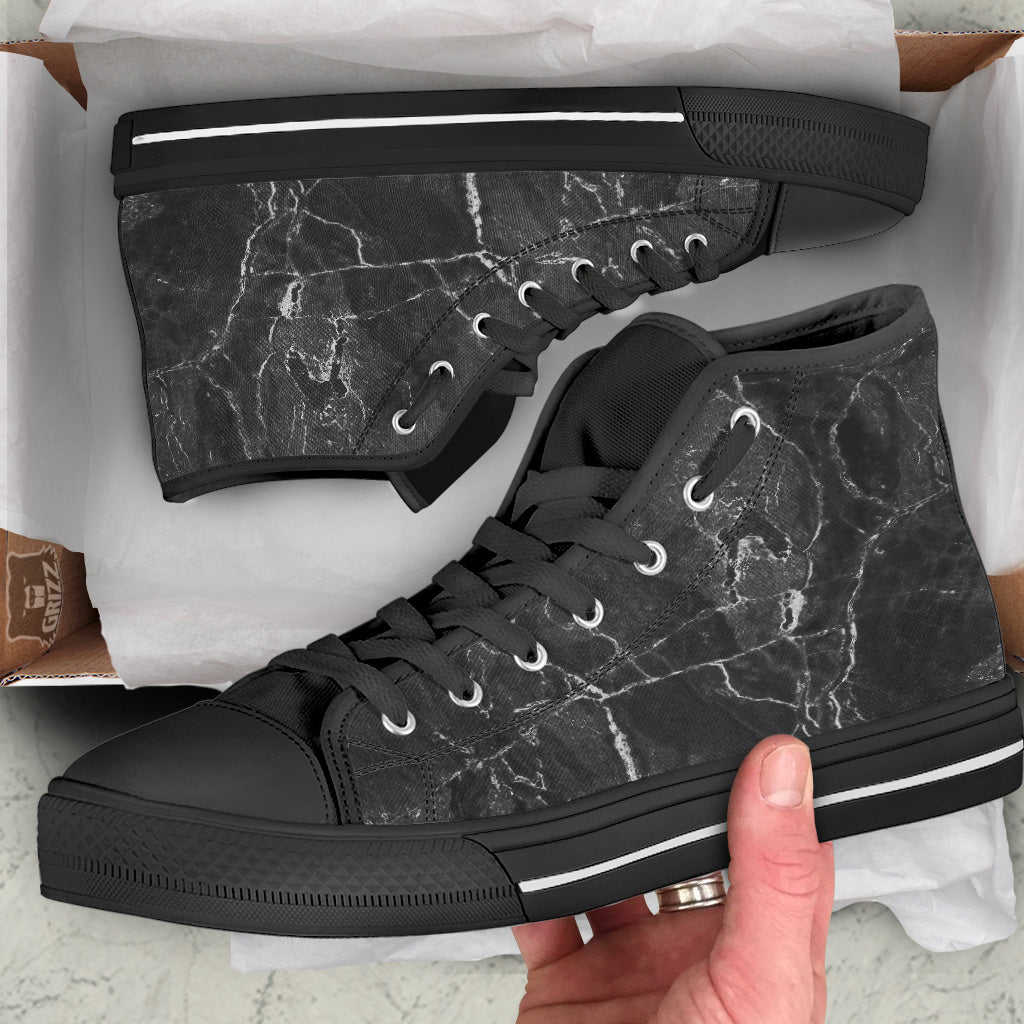Marble Dark Black Grey Print Black High Top Shoes-grizzshop