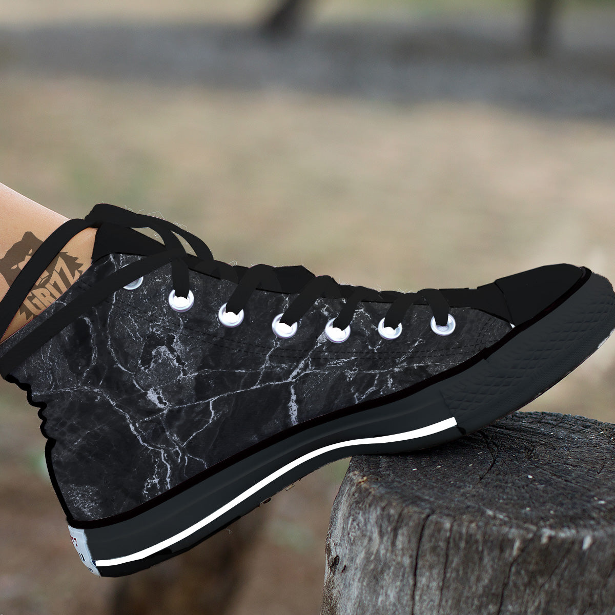 Marble Dark Black Grey Print Black High Top Shoes-grizzshop