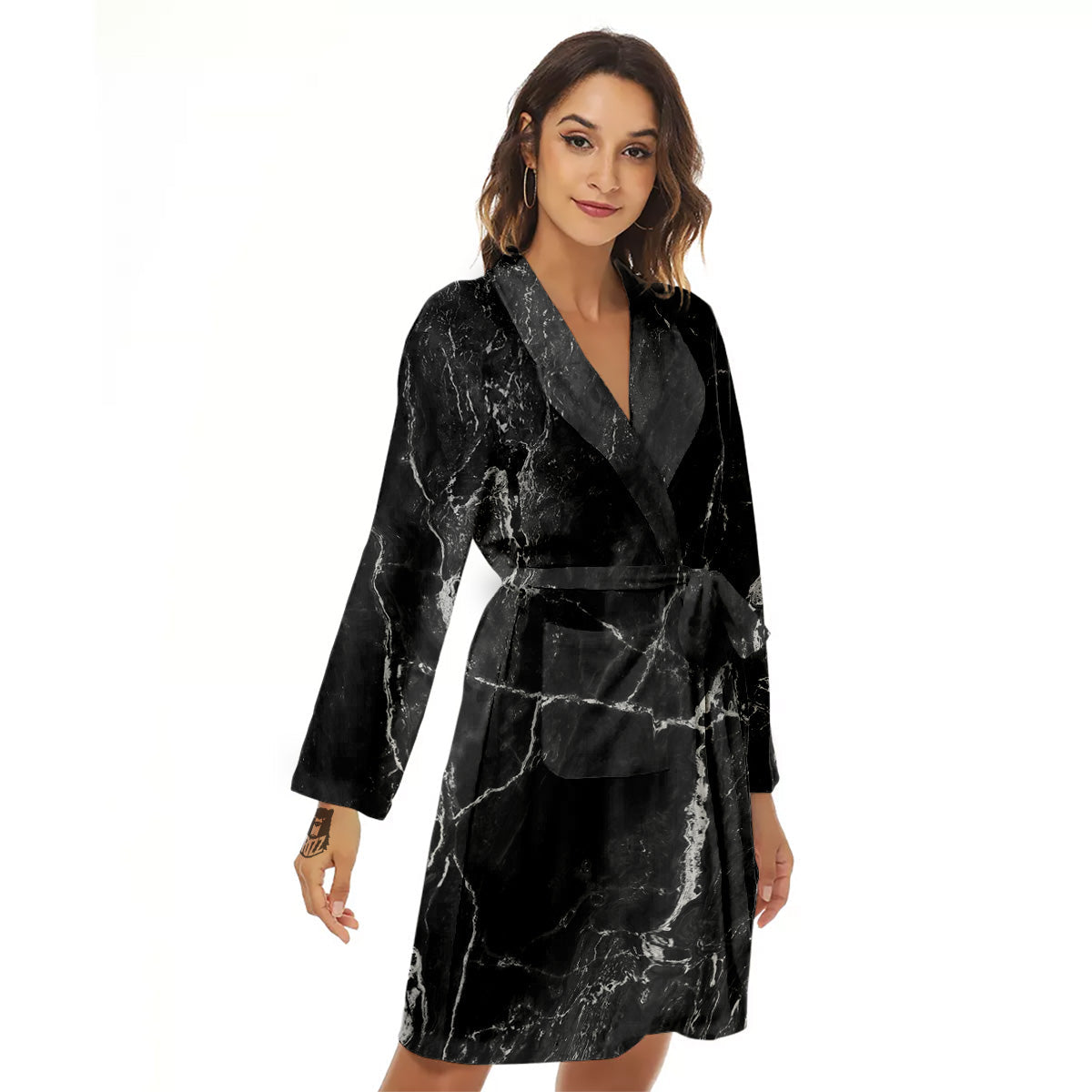 Marble Dark Black Grey Print Women's Robe-grizzshop