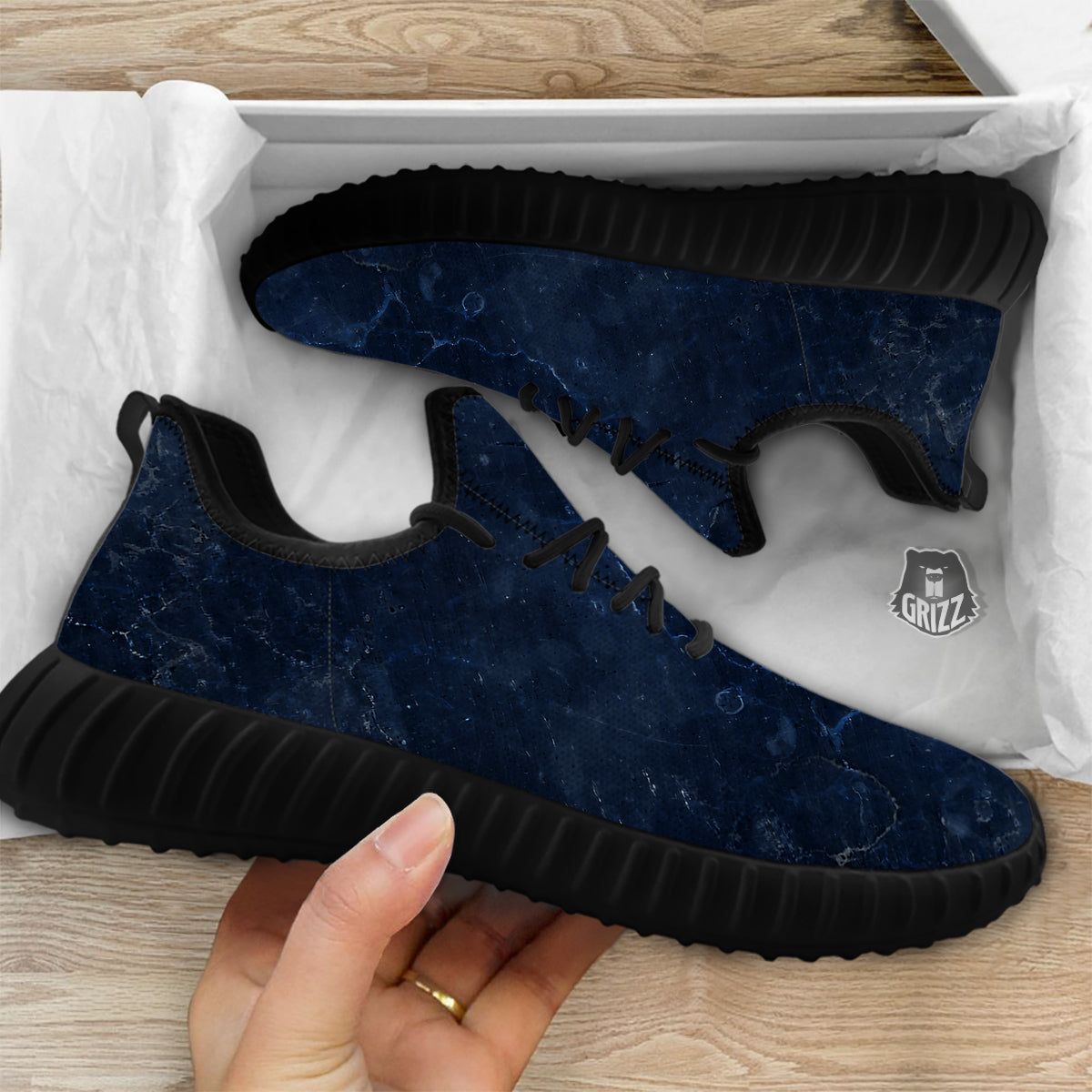 Marble Dark Blue Print Black Walking Shoes-grizzshop