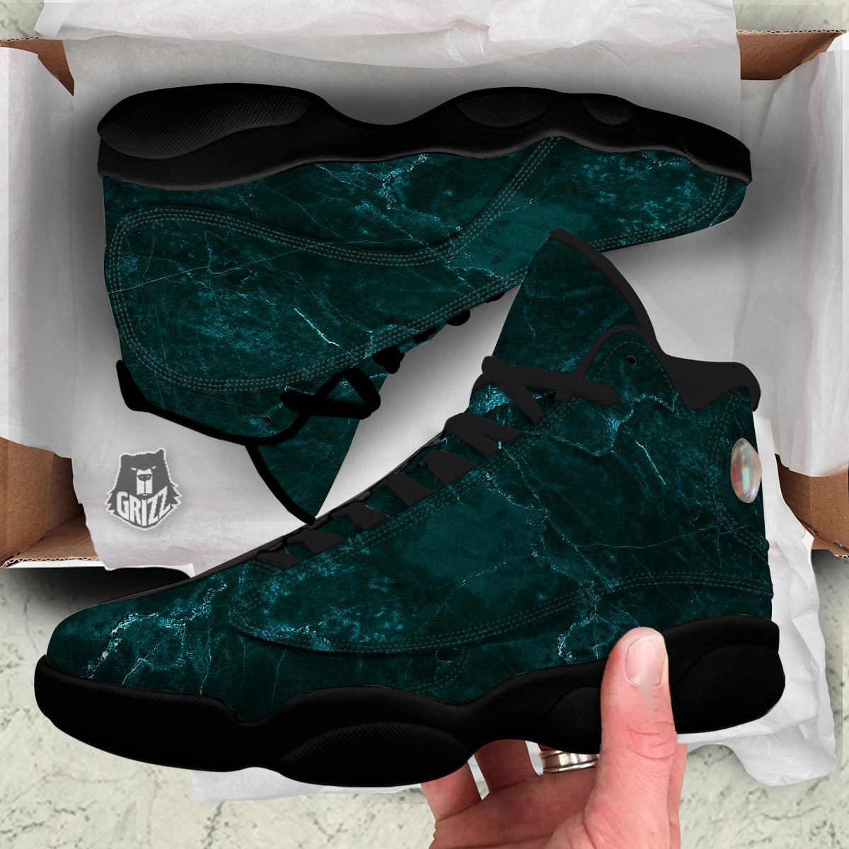 Marble Dark Green Print Black Basketball Shoes-grizzshop