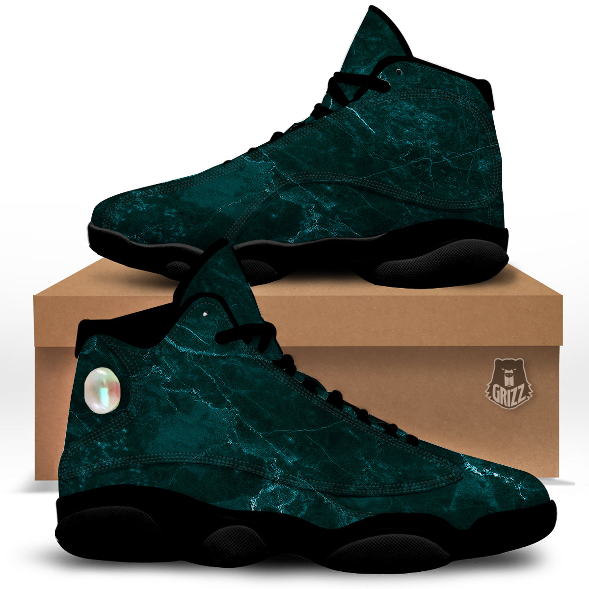 Marble Dark Green Print Black Basketball Shoes-grizzshop