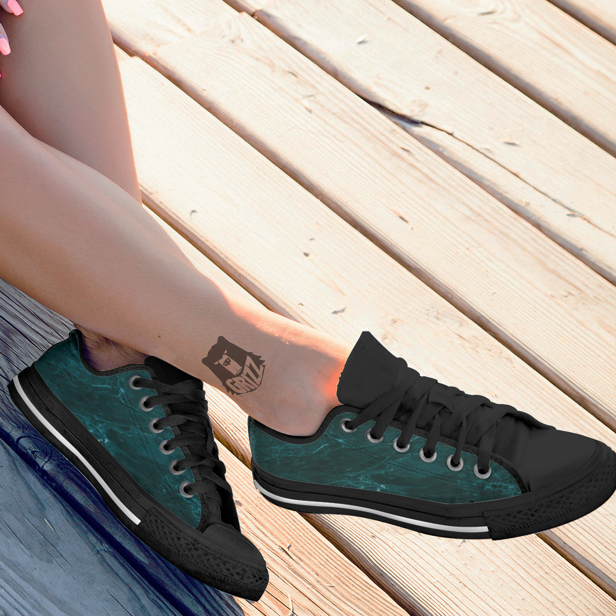 Marble Dark Green Print Black Low Top Shoes-grizzshop