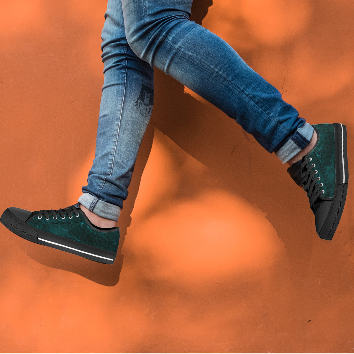 Marble Dark Green Print Black Low Top Shoes-grizzshop