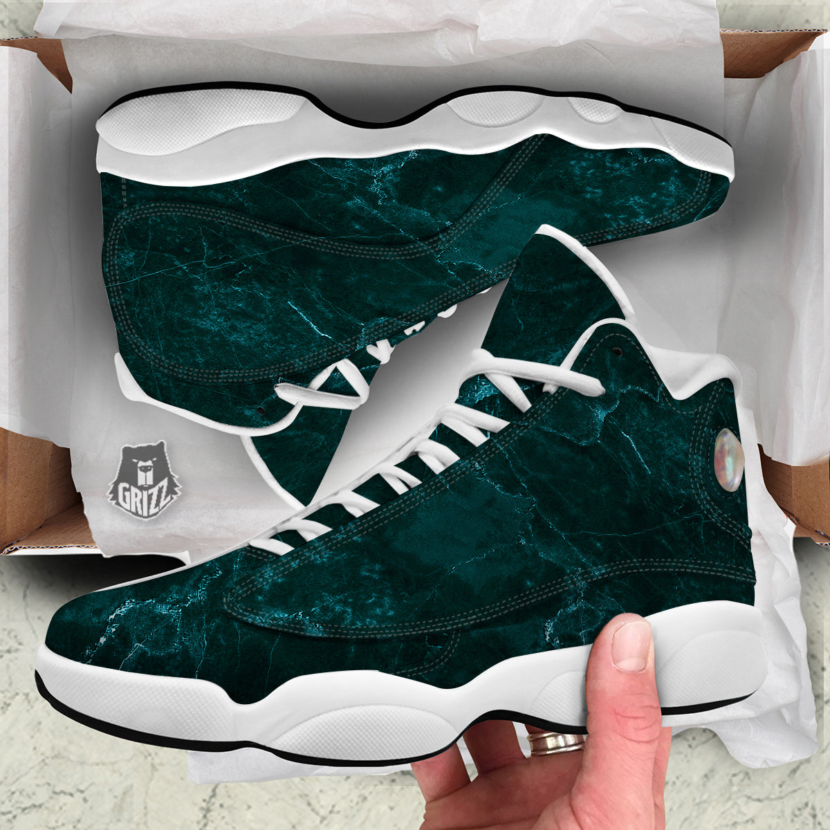 Marble Dark Green Print White Basketball Shoes-grizzshop