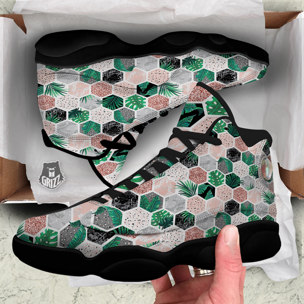 Marble Geometric And Tropical Leaves Print Black Basketball Shoes-grizzshop
