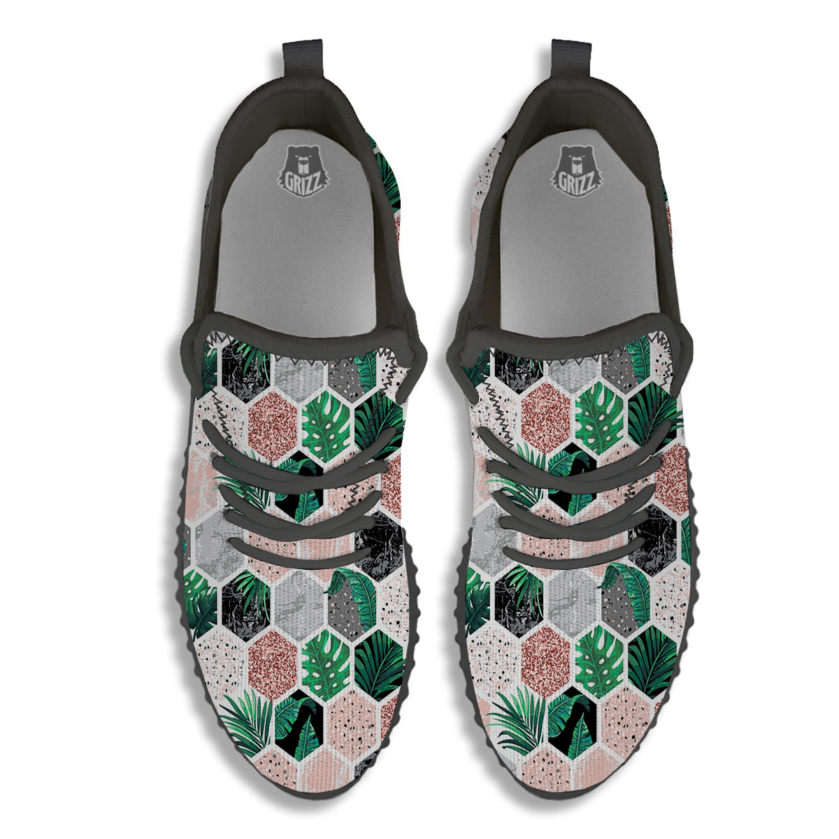 Marble Geometric And Tropical Leaves Print Black Walking Shoes-grizzshop