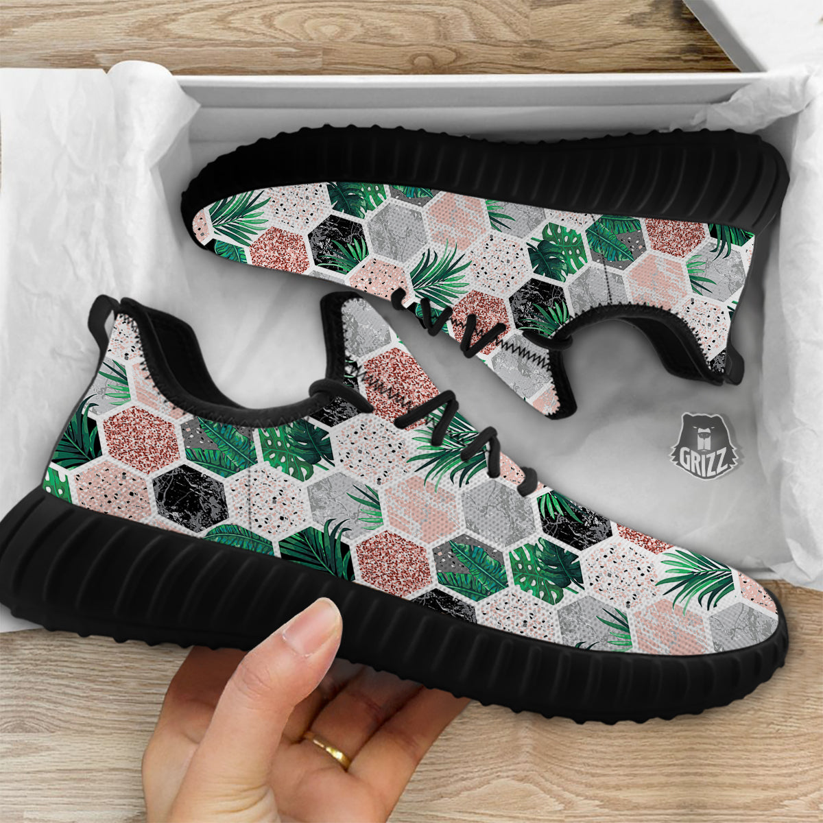 Marble Geometric And Tropical Leaves Print Black Walking Shoes-grizzshop