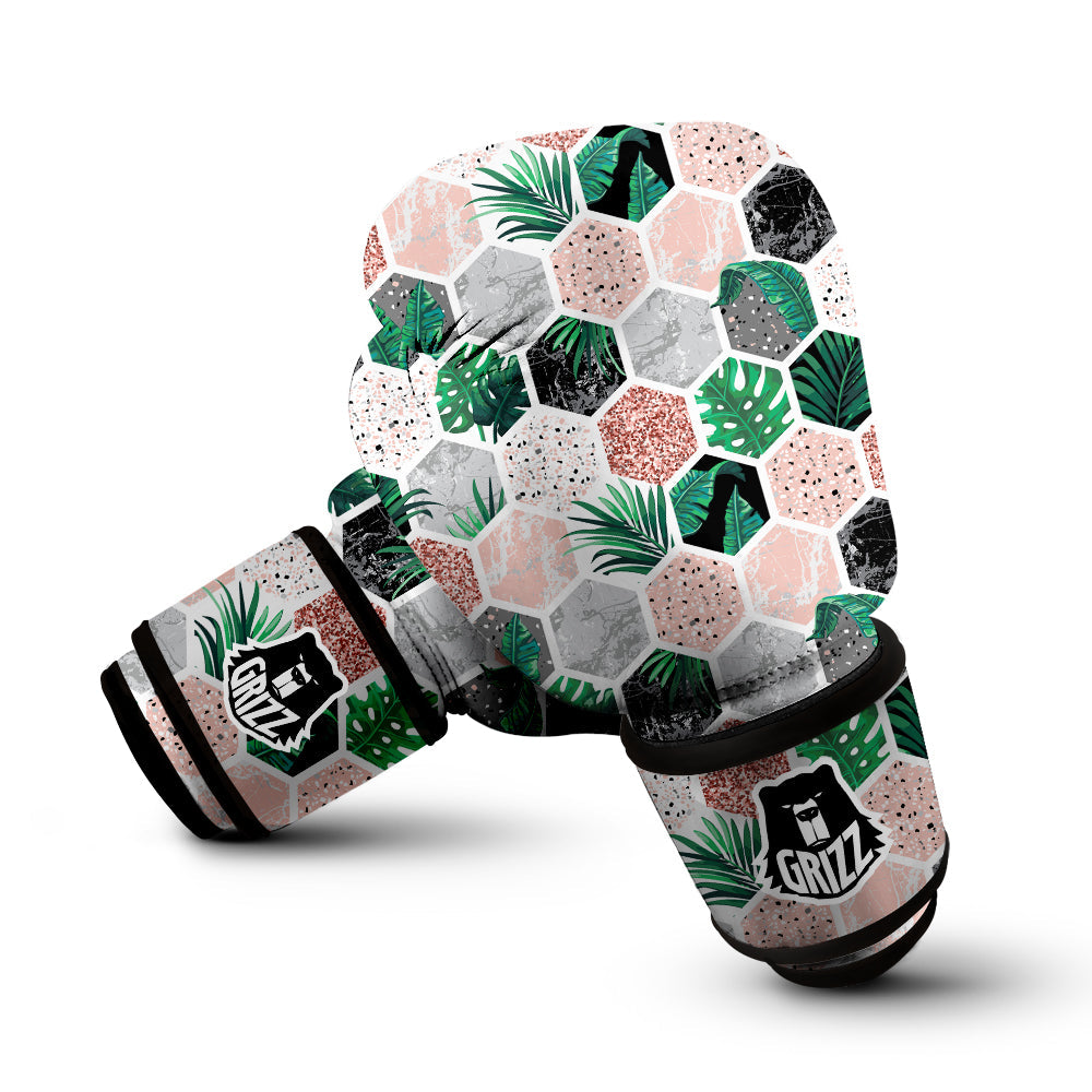 Marble Geometric And Tropical Leaves Print Boxing Gloves-grizzshop