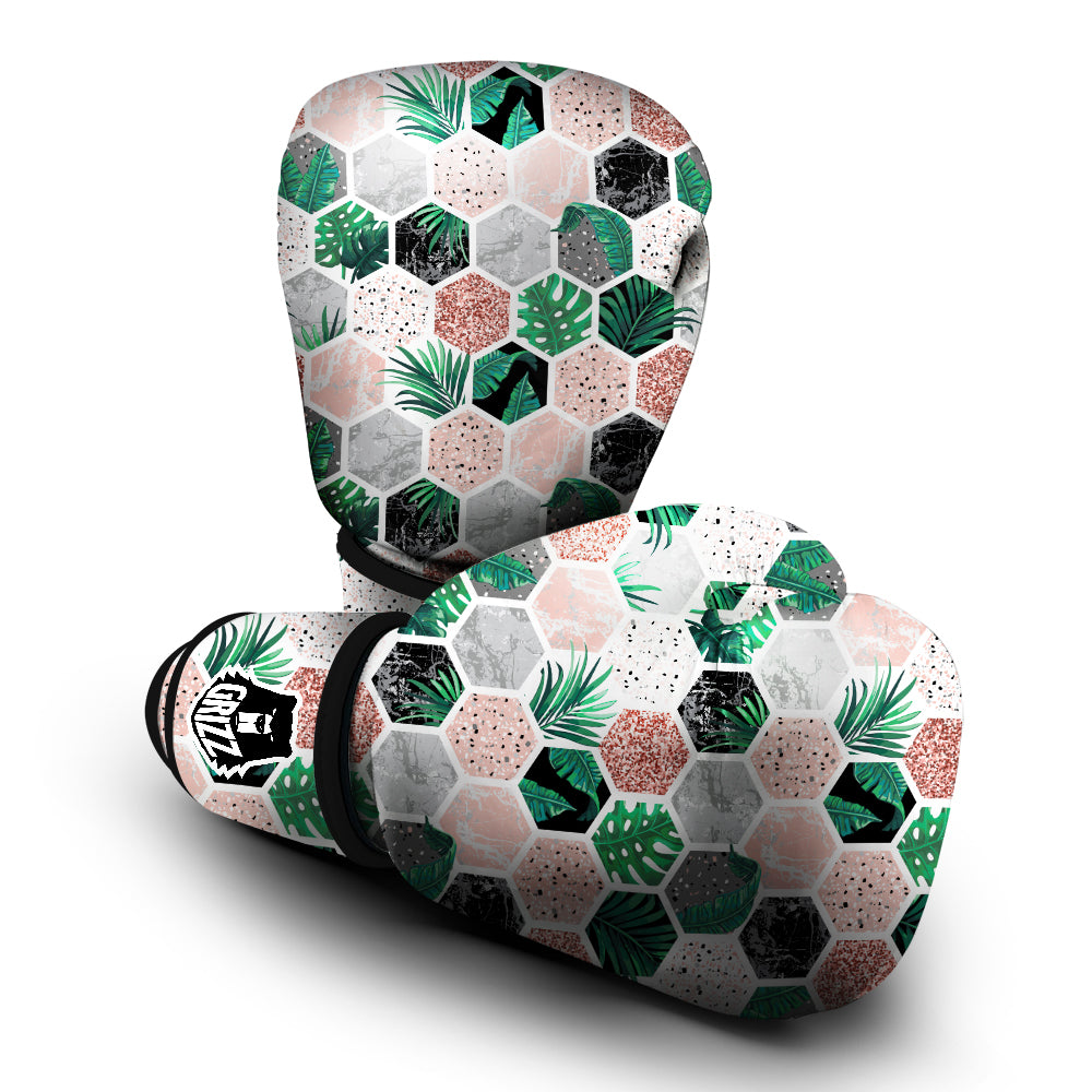 Marble Geometric And Tropical Leaves Print Boxing Gloves-grizzshop