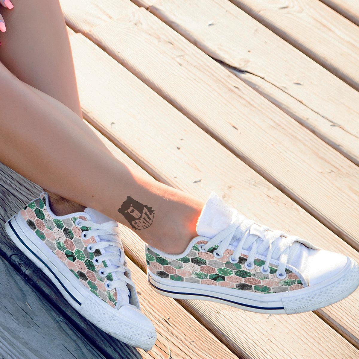 Marble Geometric And Tropical Leaves Print White Low Top Shoes-grizzshop