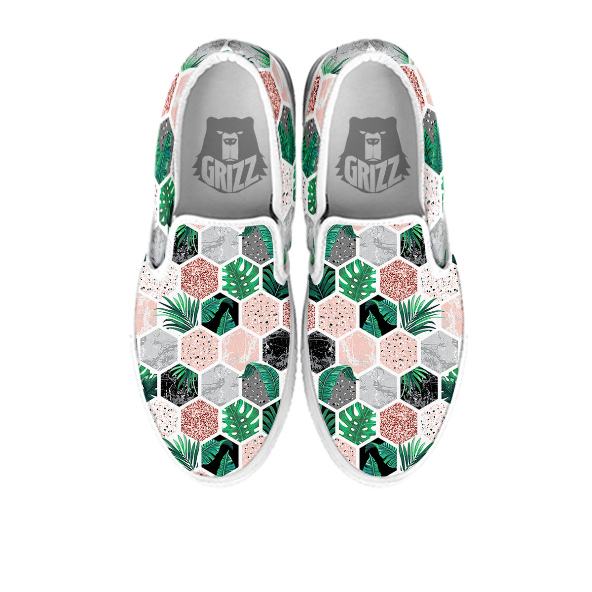 Marble Geometric And Tropical Leaves Print White Slip On Shoes-grizzshop