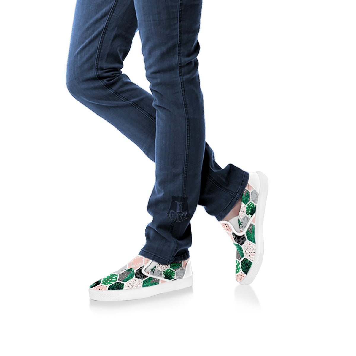Marble Geometric And Tropical Leaves Print White Slip On Shoes-grizzshop