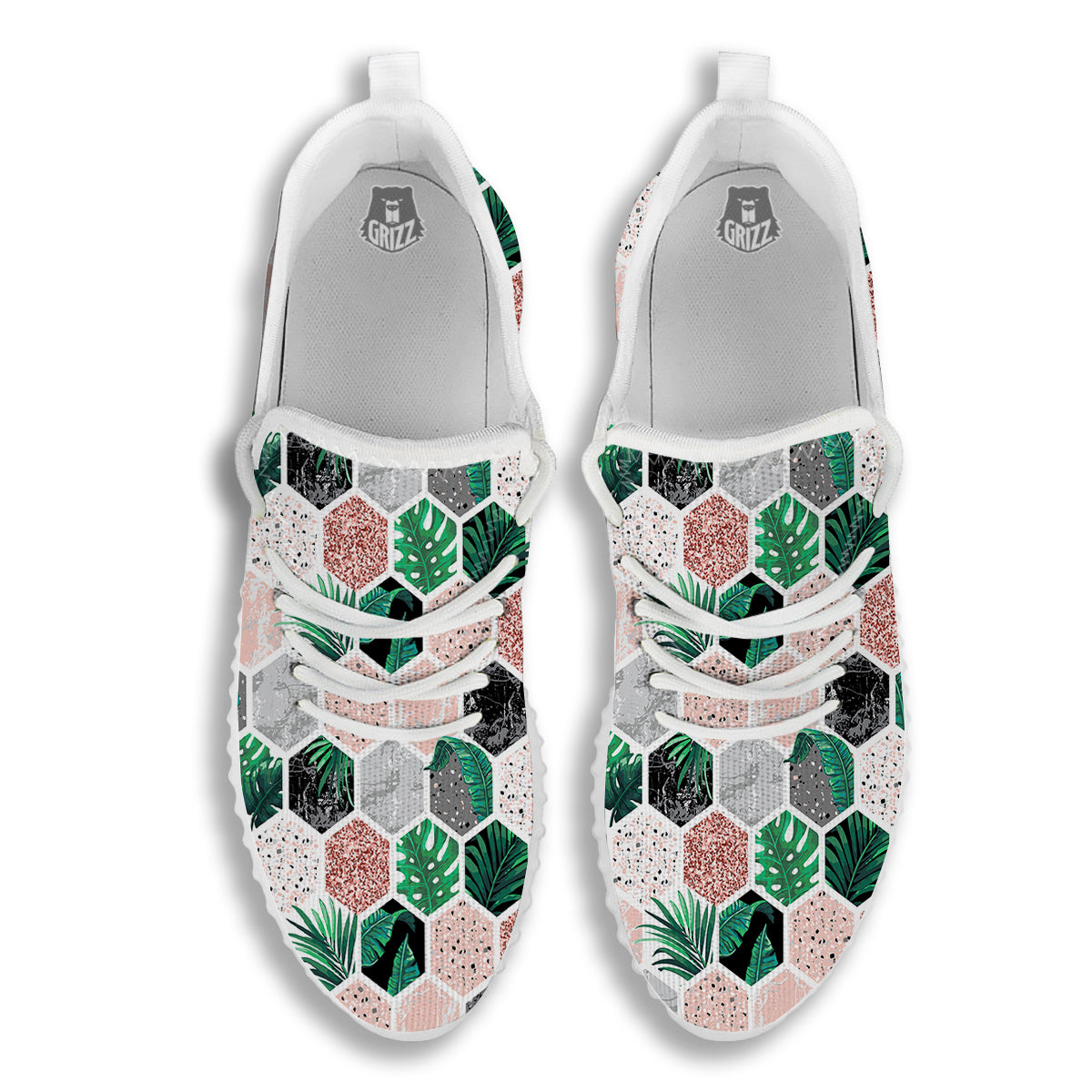 Marble Geometric And Tropical Leaves Print White Walking Shoes-grizzshop