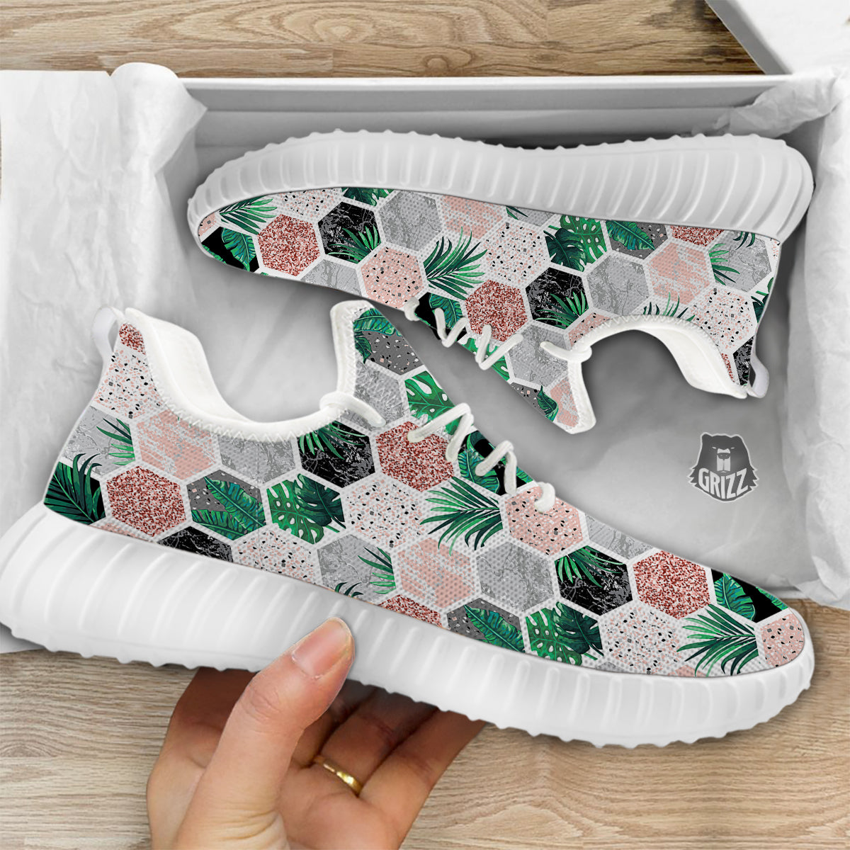 Marble Geometric And Tropical Leaves Print White Walking Shoes-grizzshop