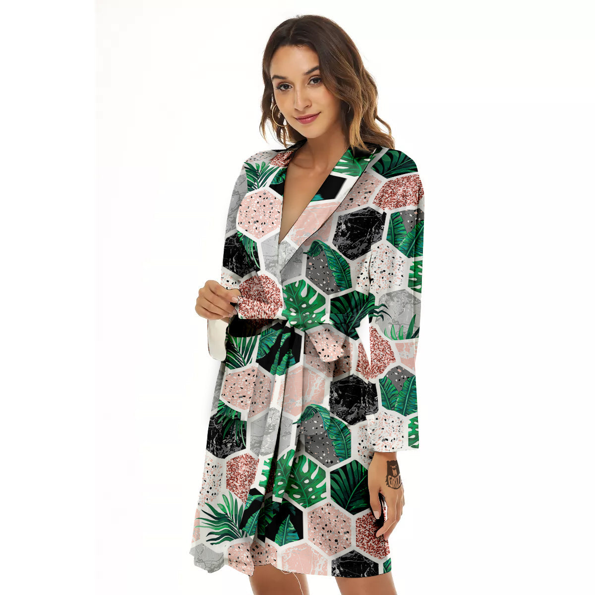 Marble Geometric And Tropical Leaves Print Women's Robe-grizzshop