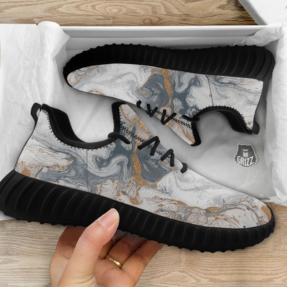 Marble Grey Bronze Print Black Walking Shoes-grizzshop