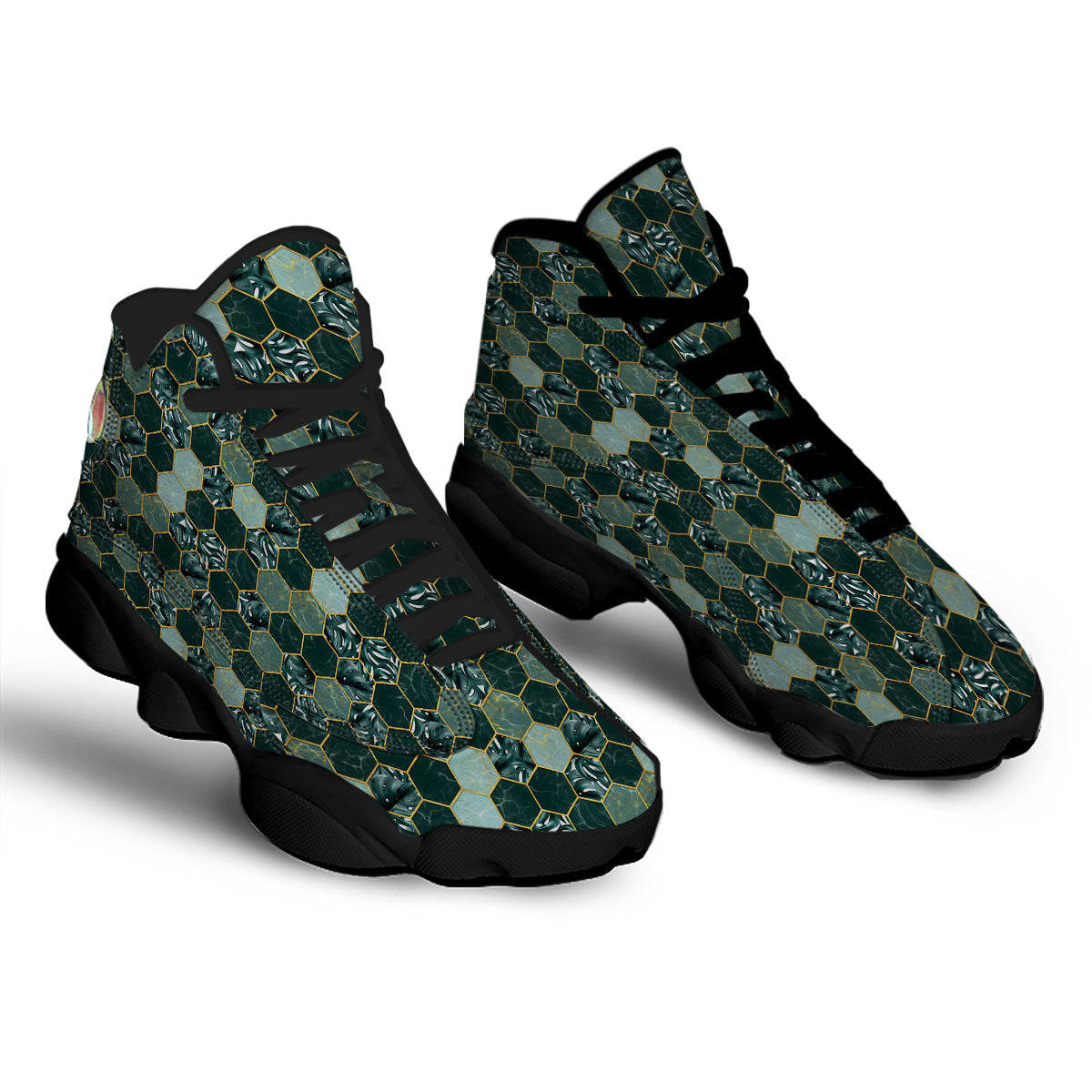 Marble Hexagon Green Tropical Print Pattern Black Basketball Shoes-grizzshop