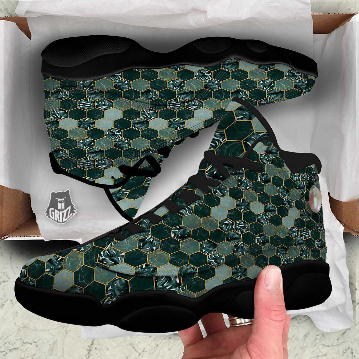 Marble Hexagon Green Tropical Print Pattern Black Basketball Shoes-grizzshop