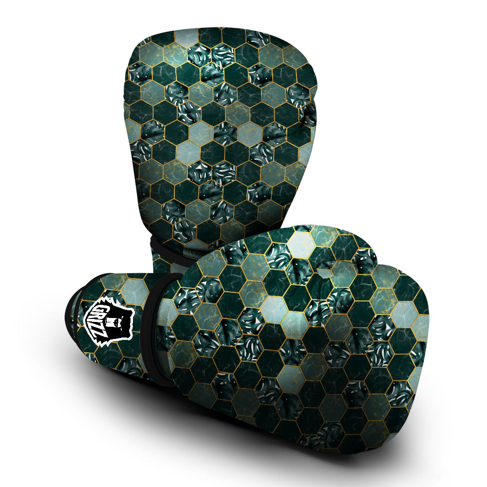 Marble Hexagon Green Tropical Print Pattern Boxing Gloves-grizzshop