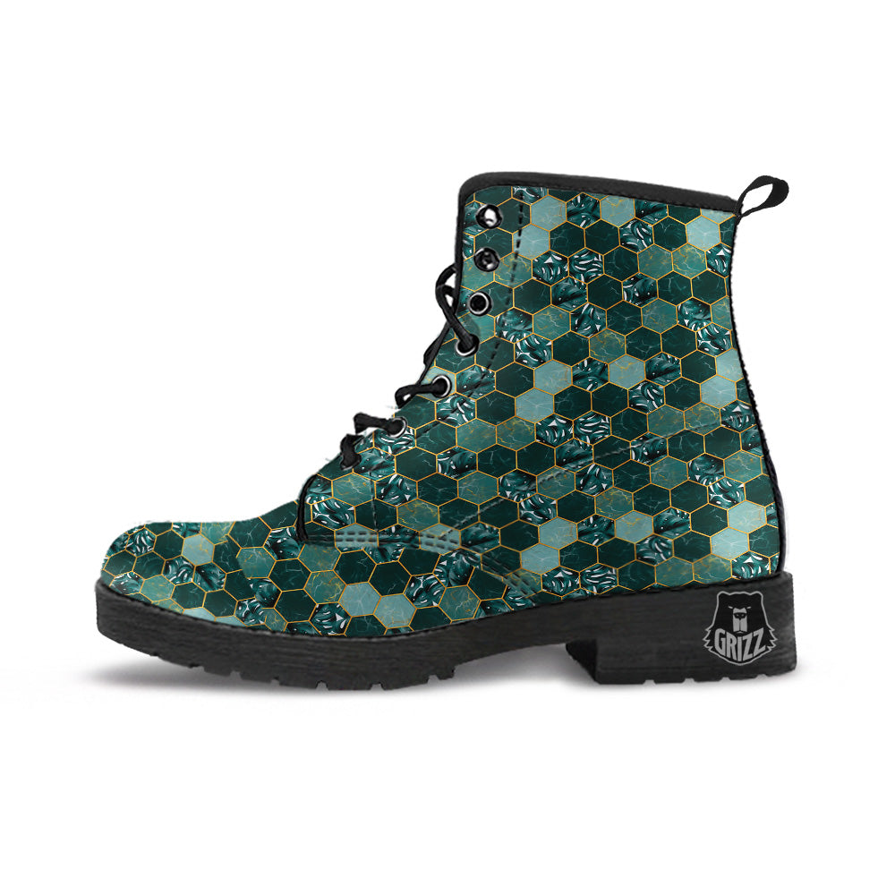 Marble Hexagon Green Tropical Print Pattern Leather Boots-grizzshop