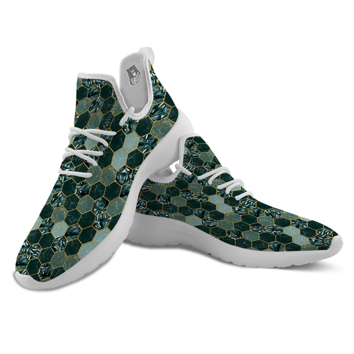 Marble Hexagon Green Tropical Print Pattern White Athletic Shoes-grizzshop