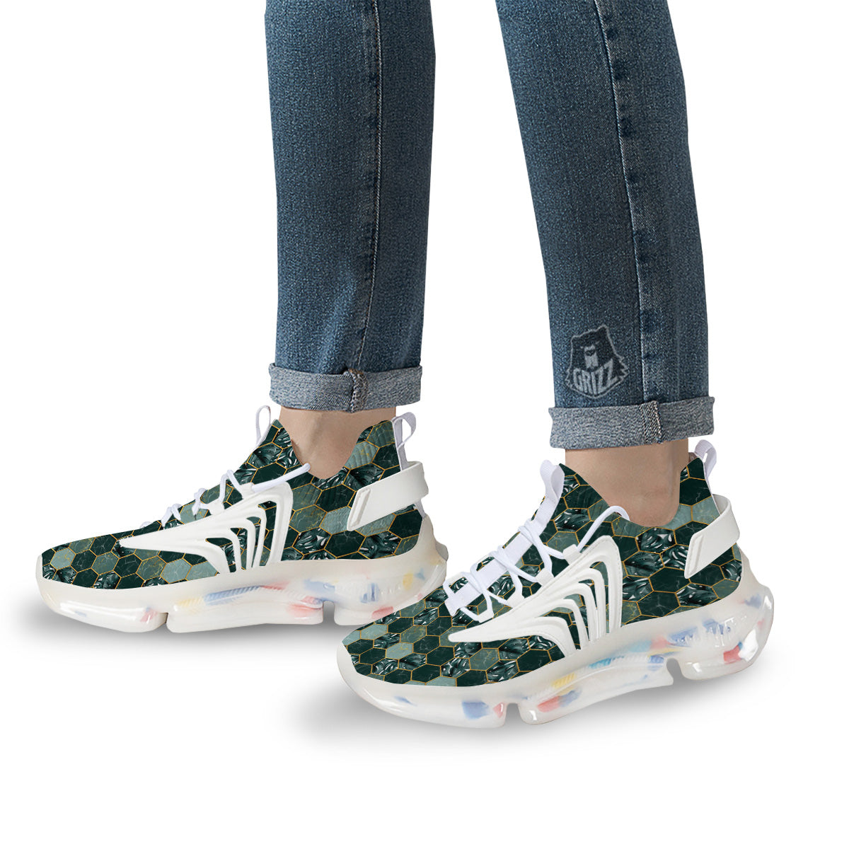 Marble Hexagon Green Tropical Print Pattern White Gym Shoes-grizzshop