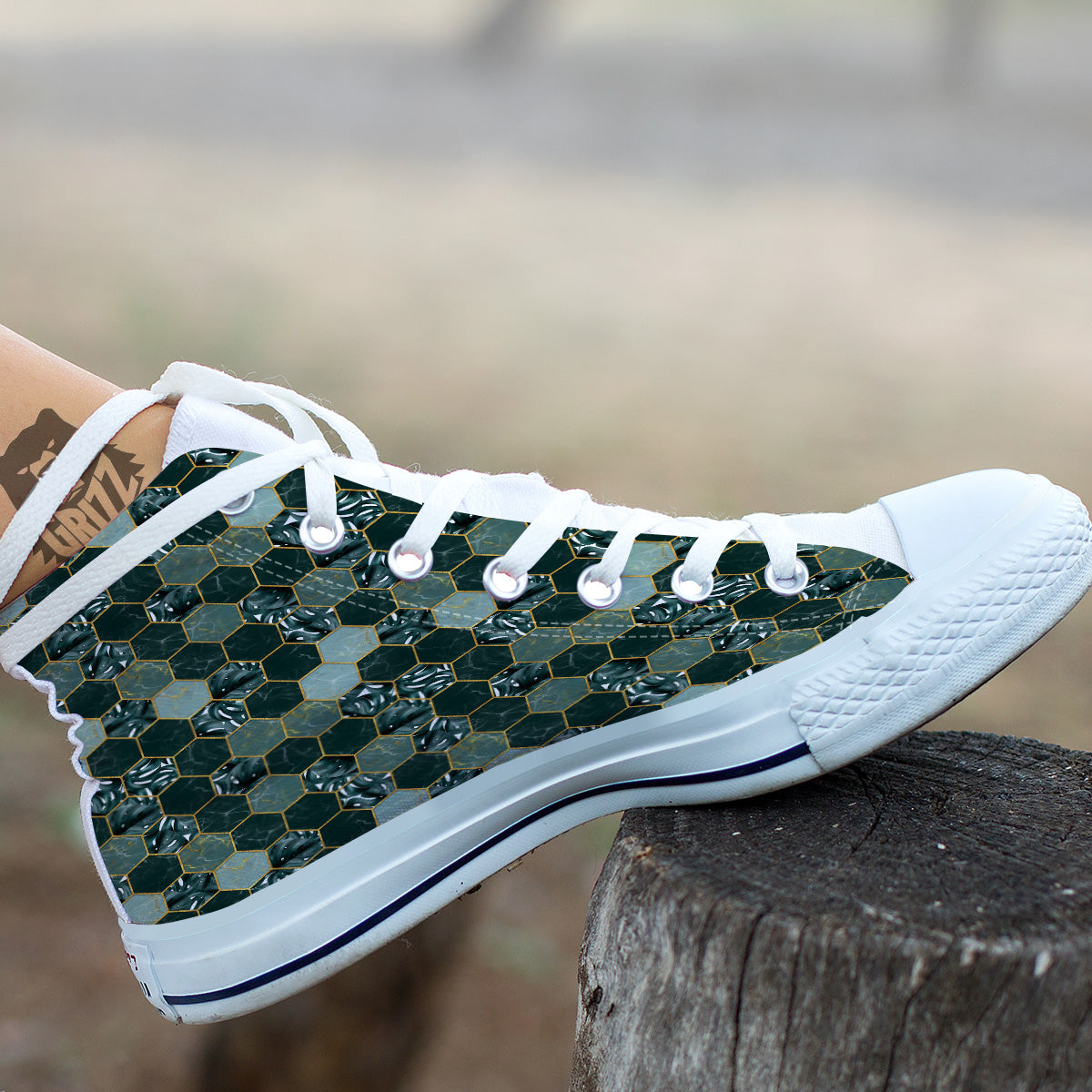 Marble Hexagon Green Tropical Print Pattern White High Top Shoes-grizzshop