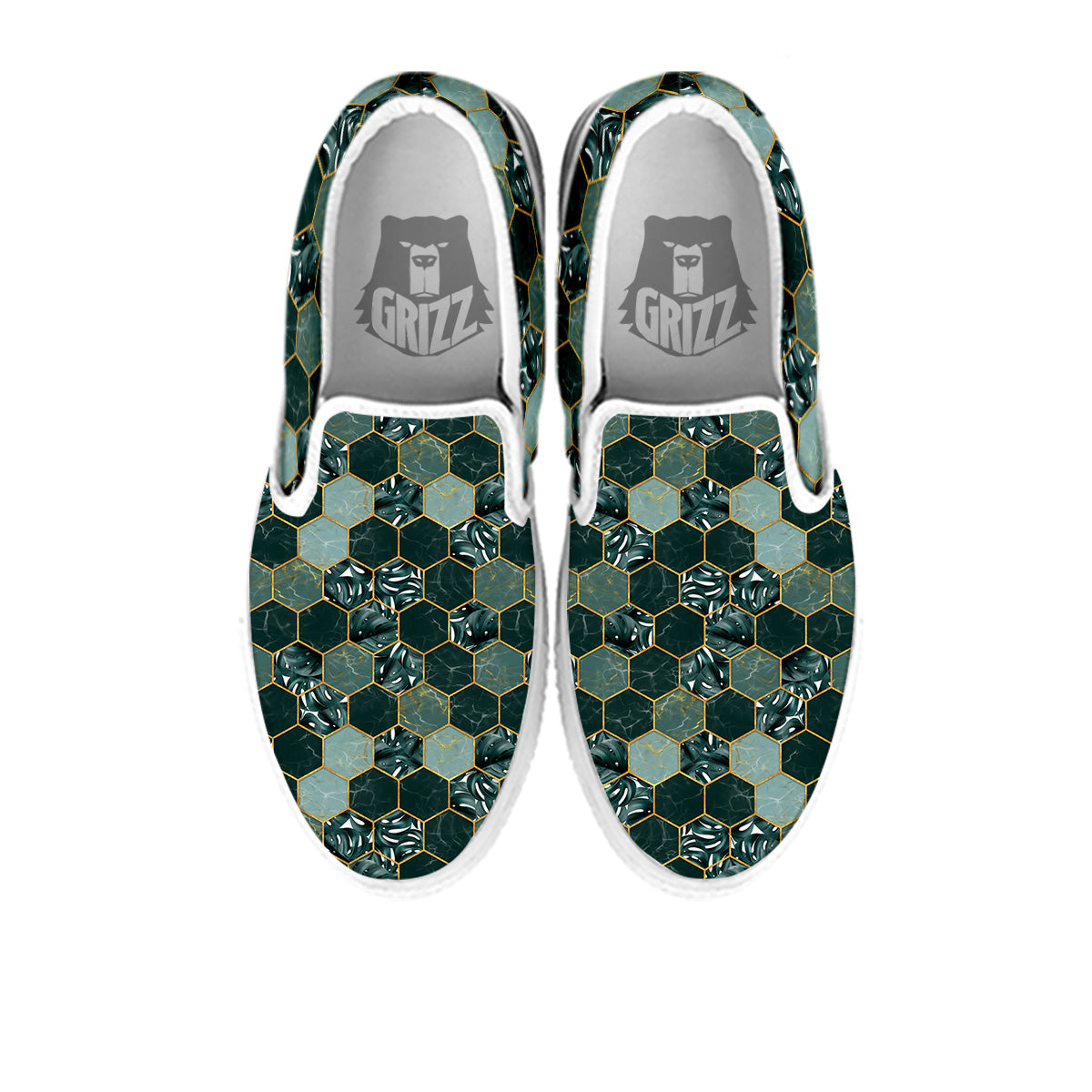 Marble Hexagon Green Tropical Print Pattern White Slip On Shoes-grizzshop