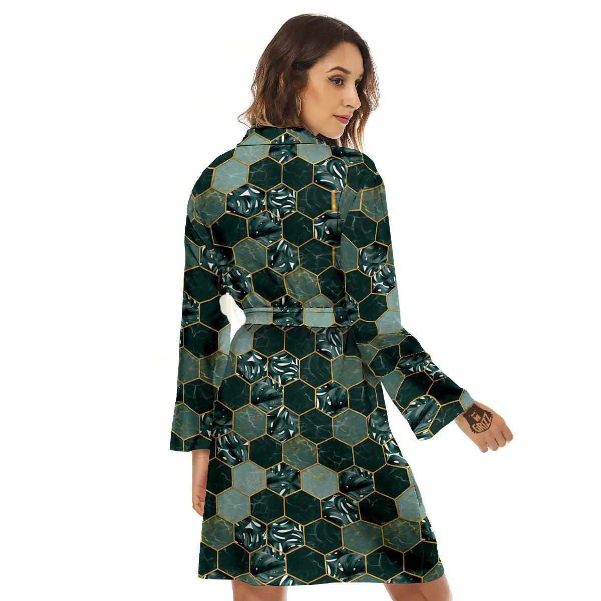 Marble Hexagon Green Tropical Print Pattern Women's Robe-grizzshop