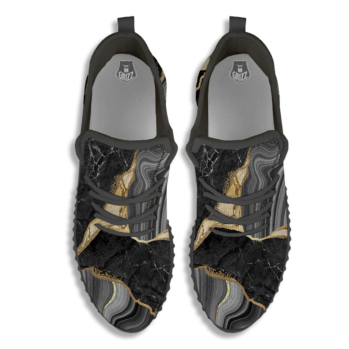 Marble Liquid Black Gold Print Black Walking Shoes-grizzshop