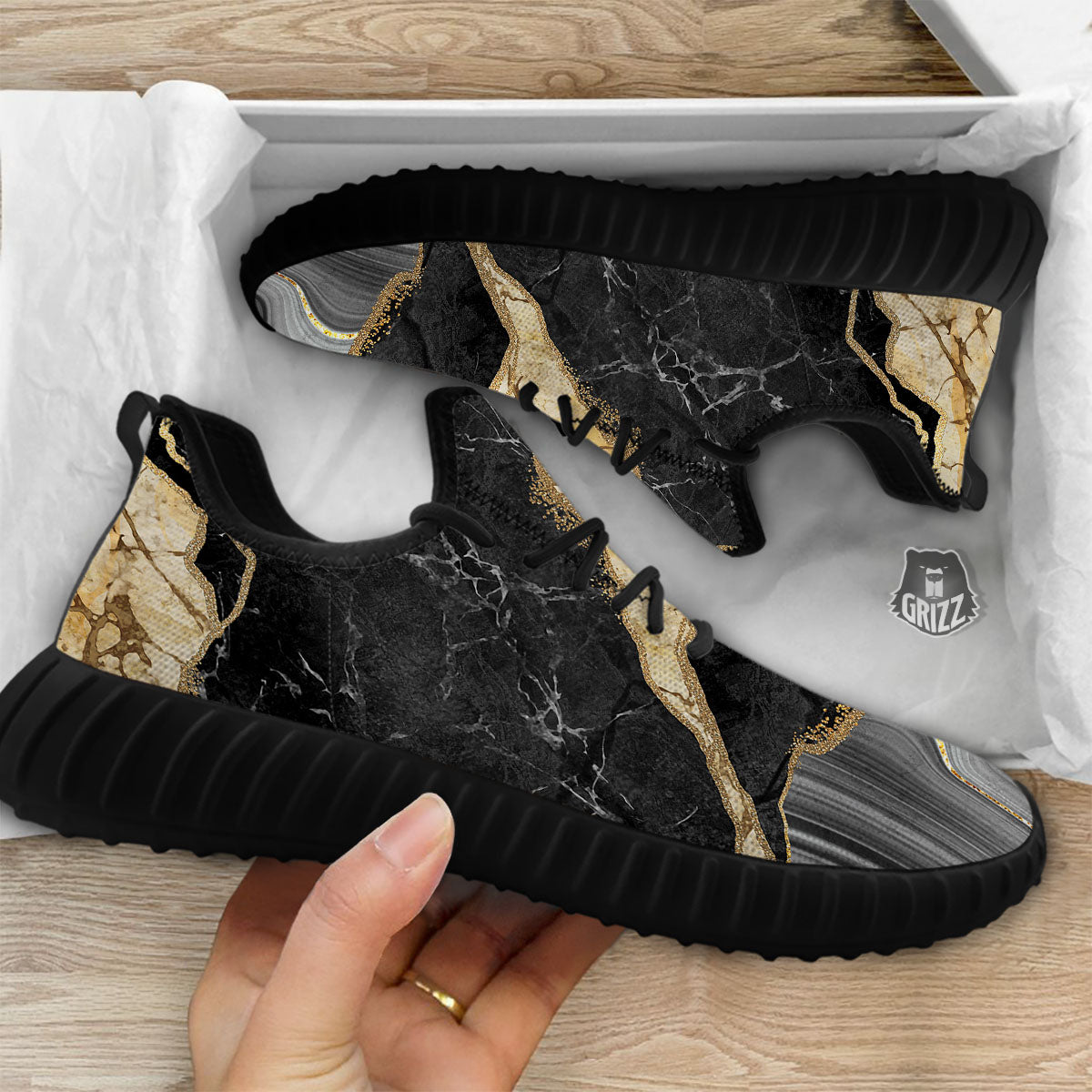 Marble Liquid Black Gold Print Black Walking Shoes-grizzshop