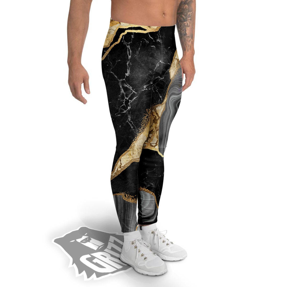 Marble Liquid Black Gold Print Men's Leggings-grizzshop