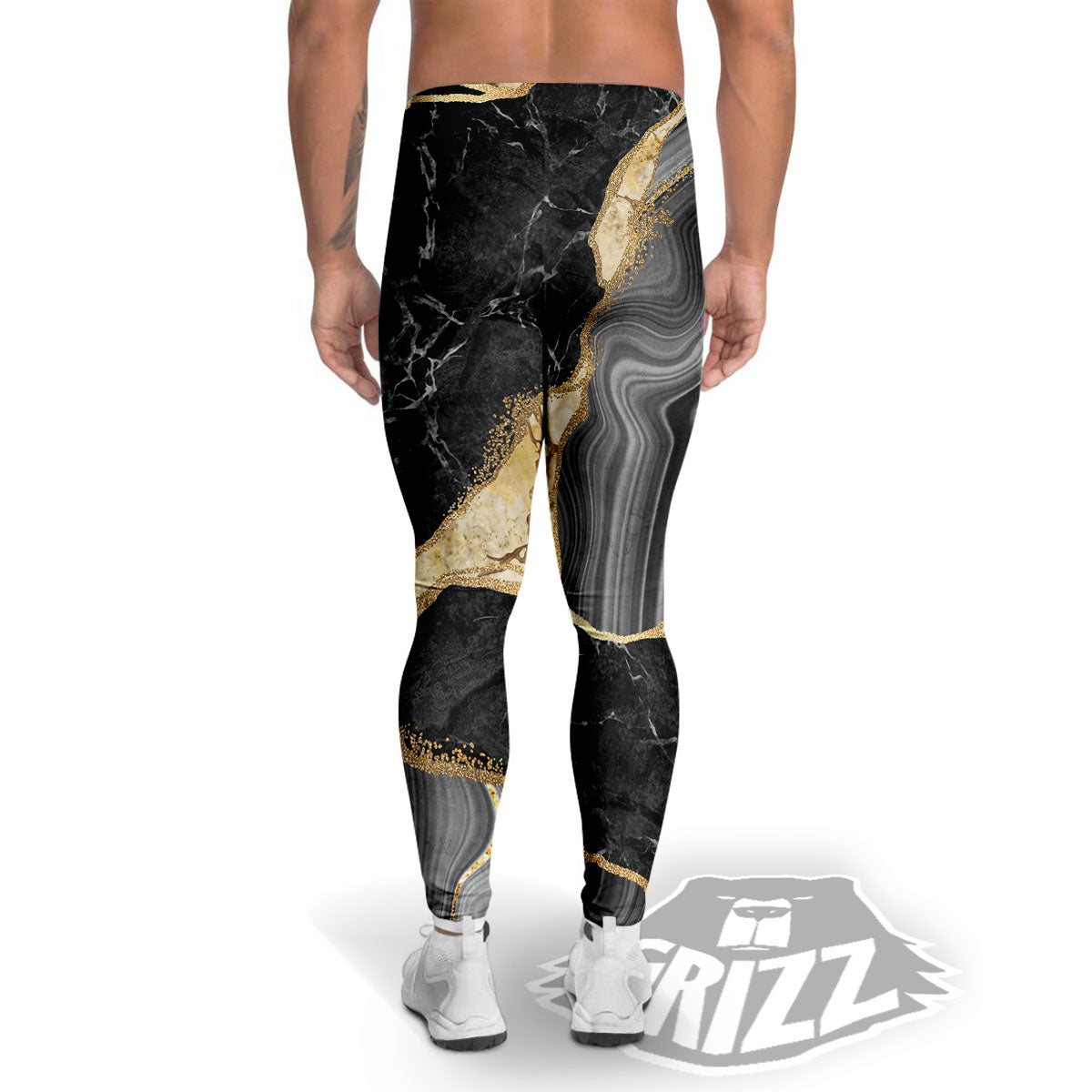 Marble Liquid Black Gold Print Men's Leggings-grizzshop