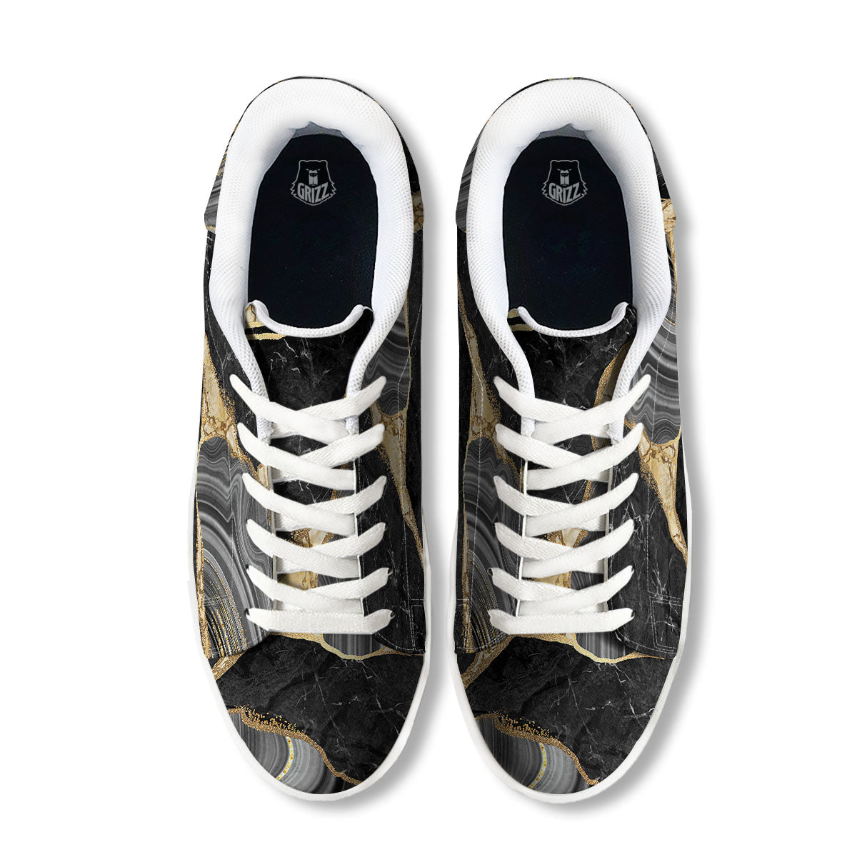 Marble Liquid Black Gold Print White Low Top Sneakers-grizzshop