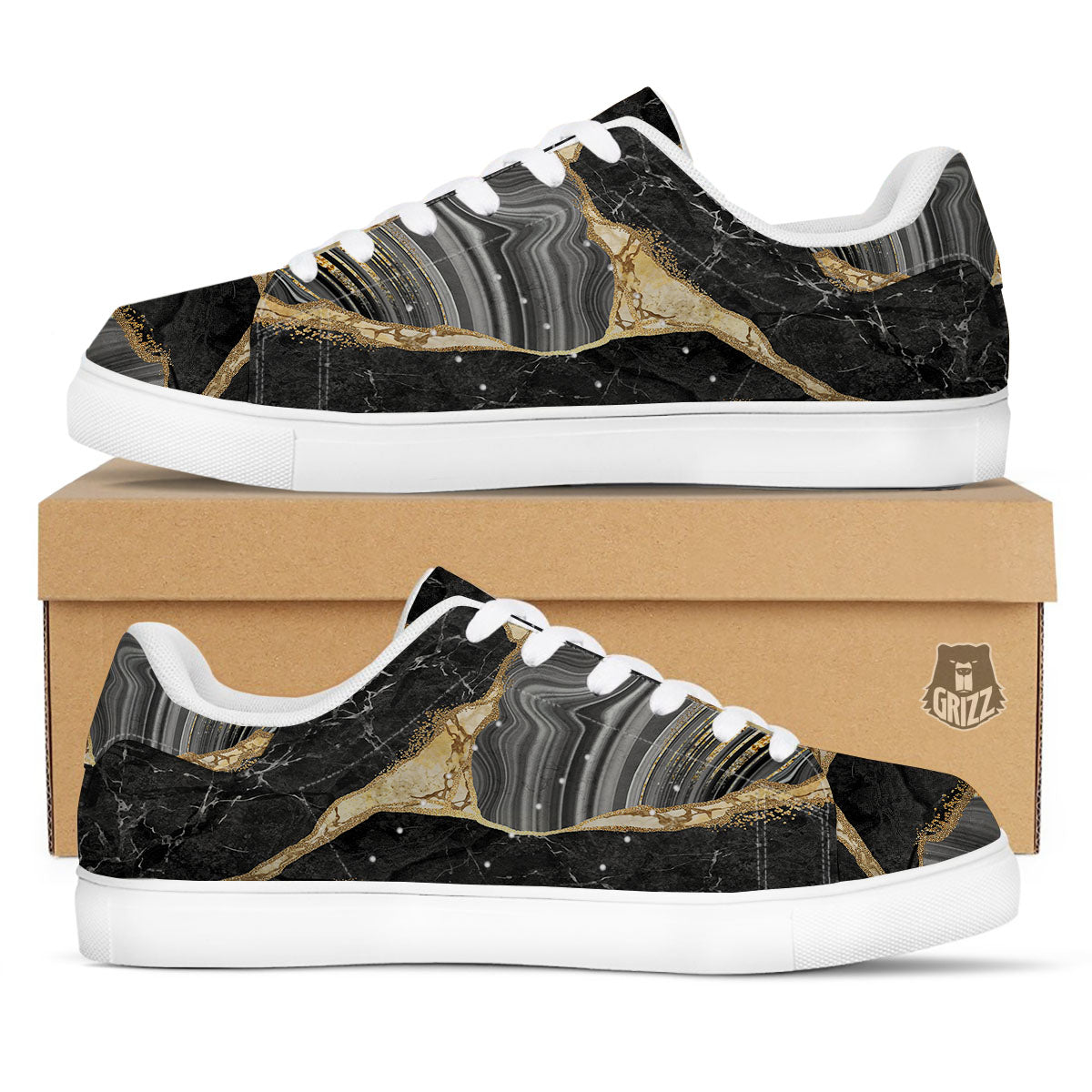 Marble Liquid Black Gold Print White Low Top Sneakers-grizzshop