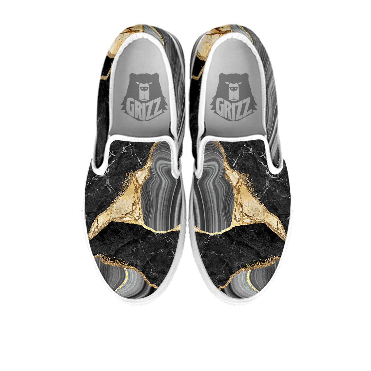 Marble Liquid Black Gold Print White Slip On Shoes-grizzshop