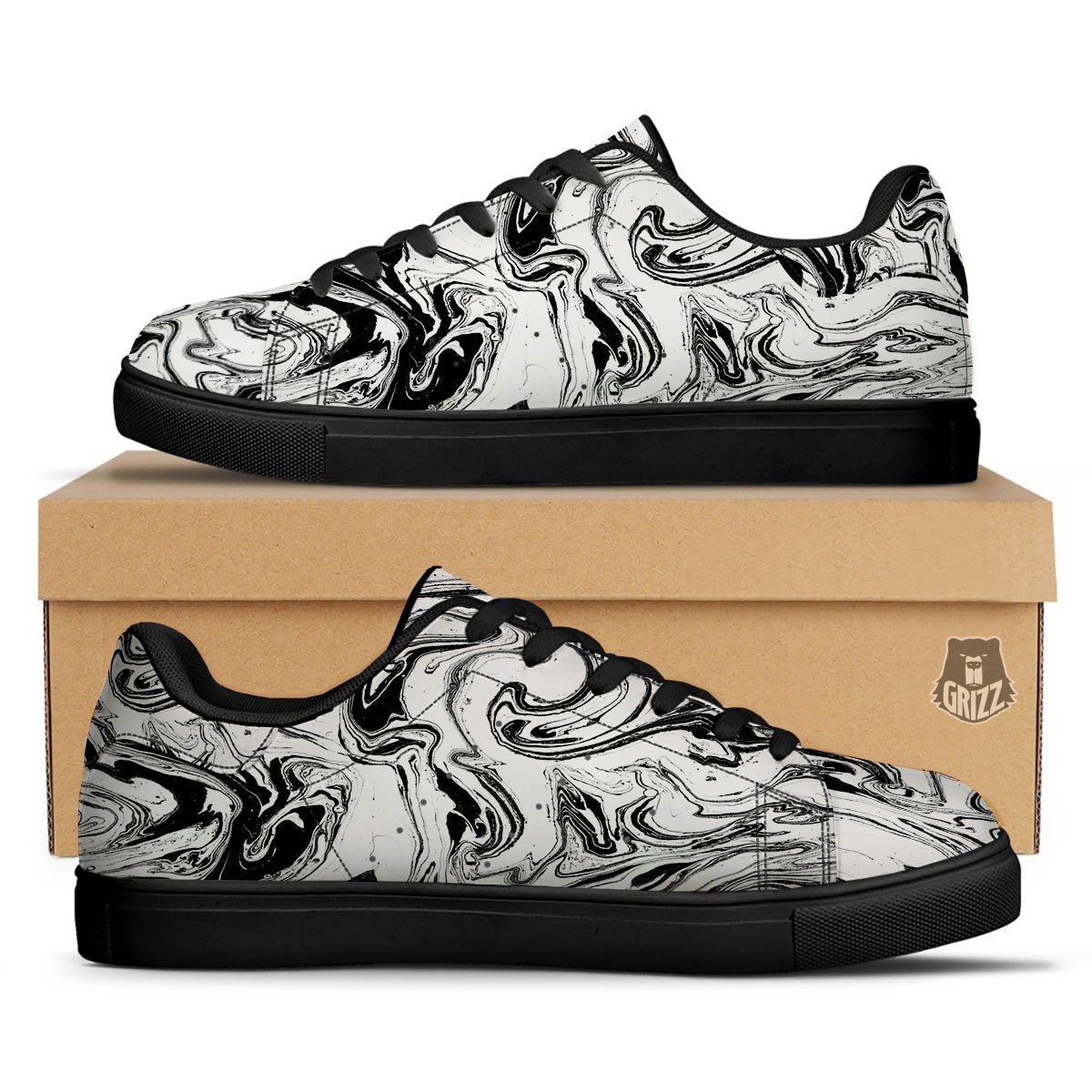Marble Liquid Black White Print Black Low Top Sneakers-grizzshop