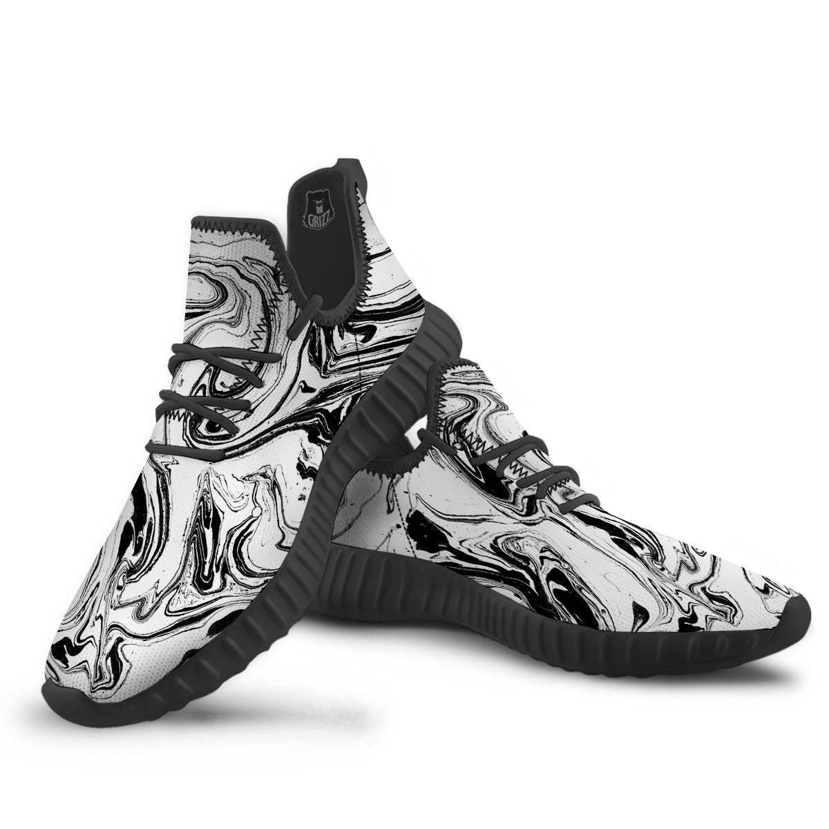 Marble Liquid Black White Print Black Walking Shoes-grizzshop