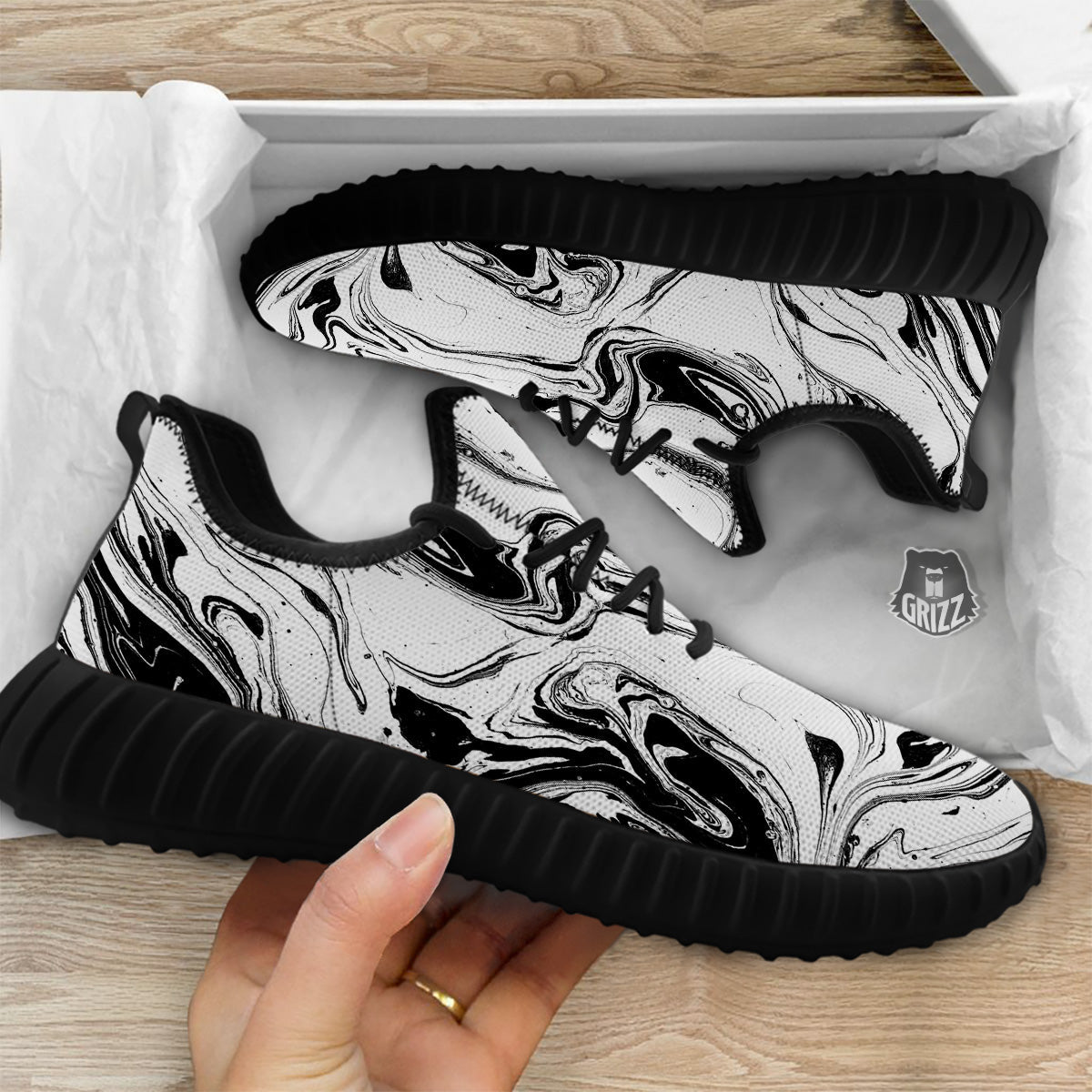 Marble Liquid Black White Print Black Walking Shoes-grizzshop