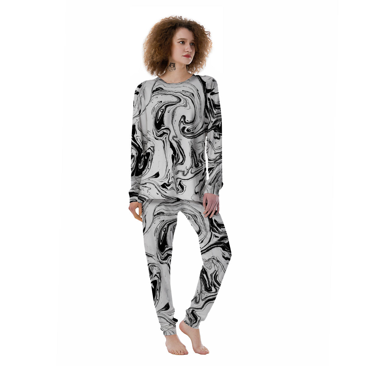 Marble Liquid Black White Print Women's Pajamas-grizzshop