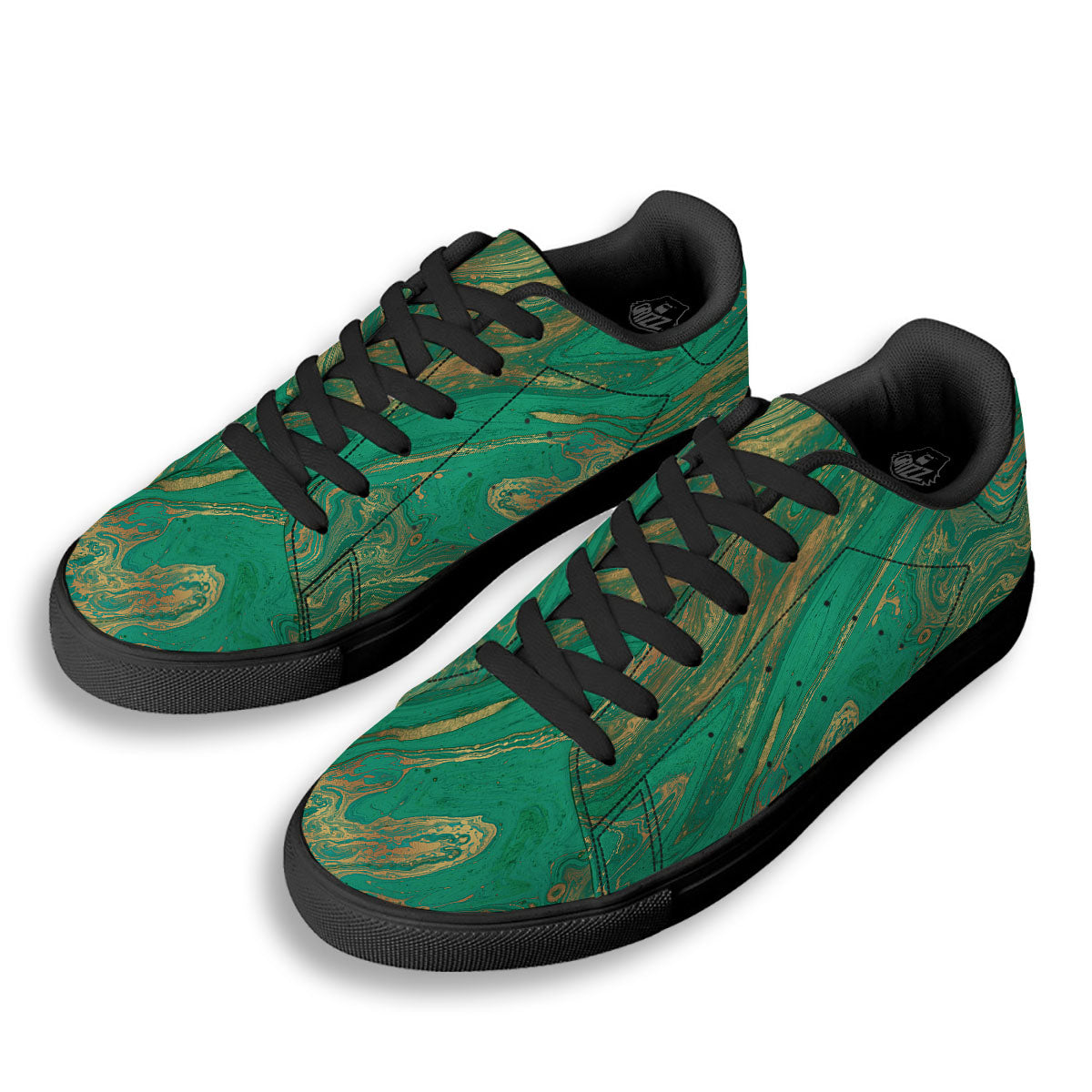Marble Liquid Green Gold Print Black Low Top Sneakers-grizzshop
