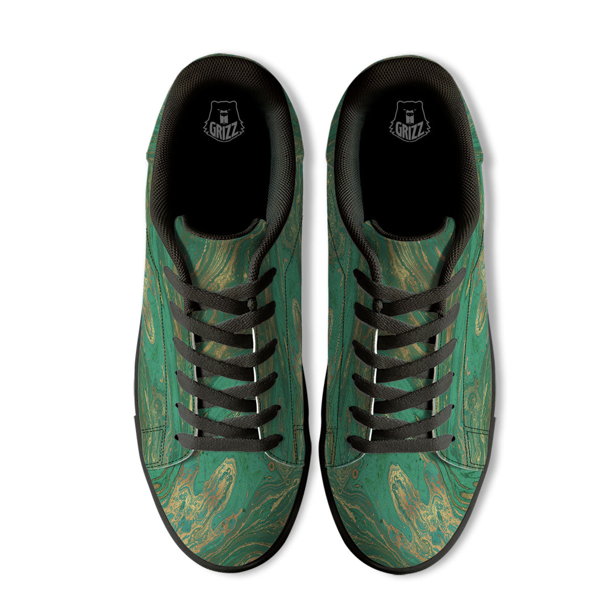 Marble Liquid Green Gold Print Black Low Top Sneakers-grizzshop