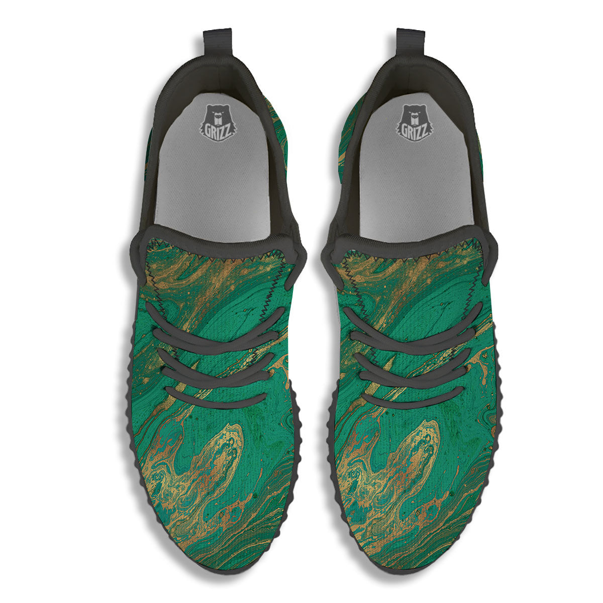 Marble Liquid Green Gold Print Black Walking Shoes-grizzshop