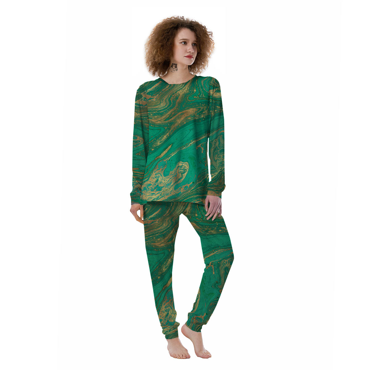 Marble Liquid Green Gold Print Women's Pajamas-grizzshop