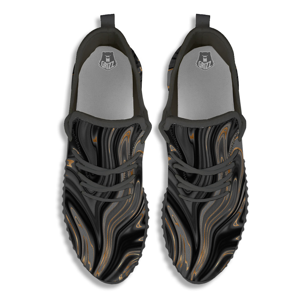 Marble Liquid Grey Gold Print Black Walking Shoes-grizzshop
