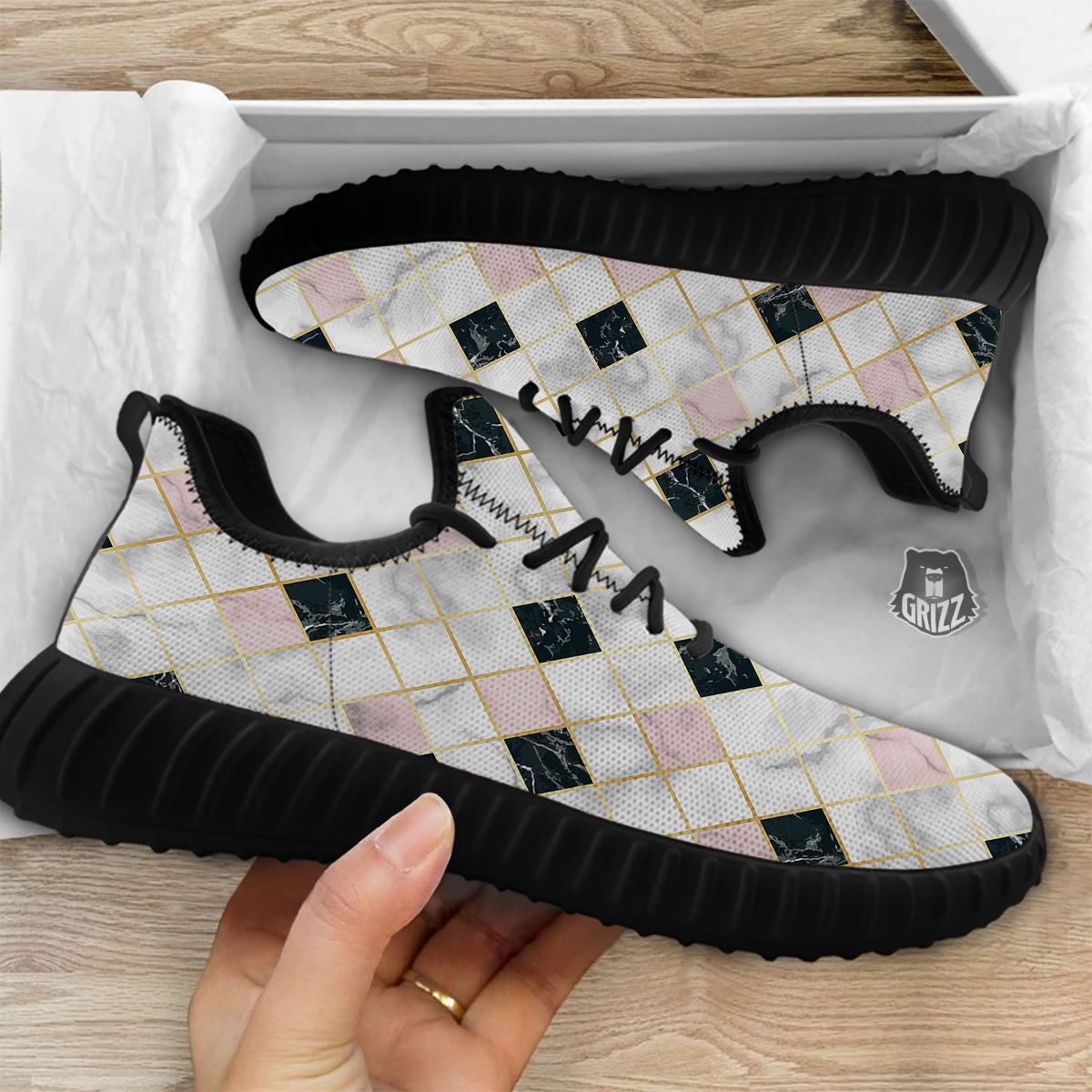 Marble Luxury Geometric Print Black Walking Shoes-grizzshop
